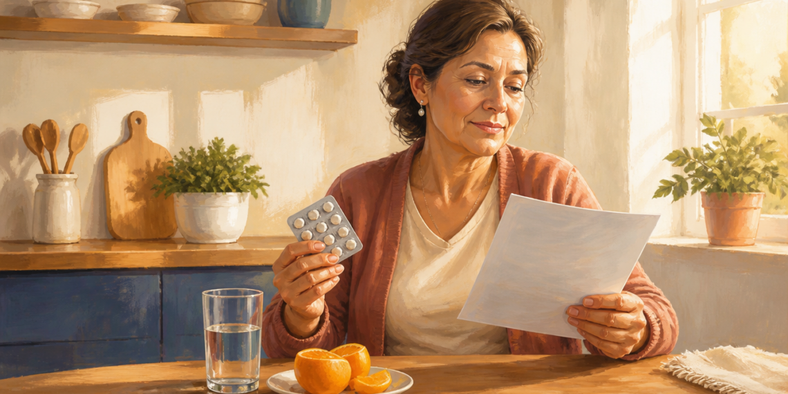 Una mujer de mediana edad está sentada en una mesa de cocina iluminada por luz natural, consultando un folleto médico mientras sostiene un blíster de pastillas, con un vaso de agua y rodajas de naranja frente a ella.
