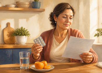 Una mujer de mediana edad está sentada en una mesa de cocina iluminada por luz natural, consultando un folleto médico mientras sostiene un blíster de pastillas, con un vaso de agua y rodajas de naranja frente a ella.