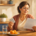 Una mujer de mediana edad está sentada en una mesa de cocina iluminada por luz natural, consultando un folleto médico mientras sostiene un blíster de pastillas, con un vaso de agua y rodajas de naranja frente a ella.