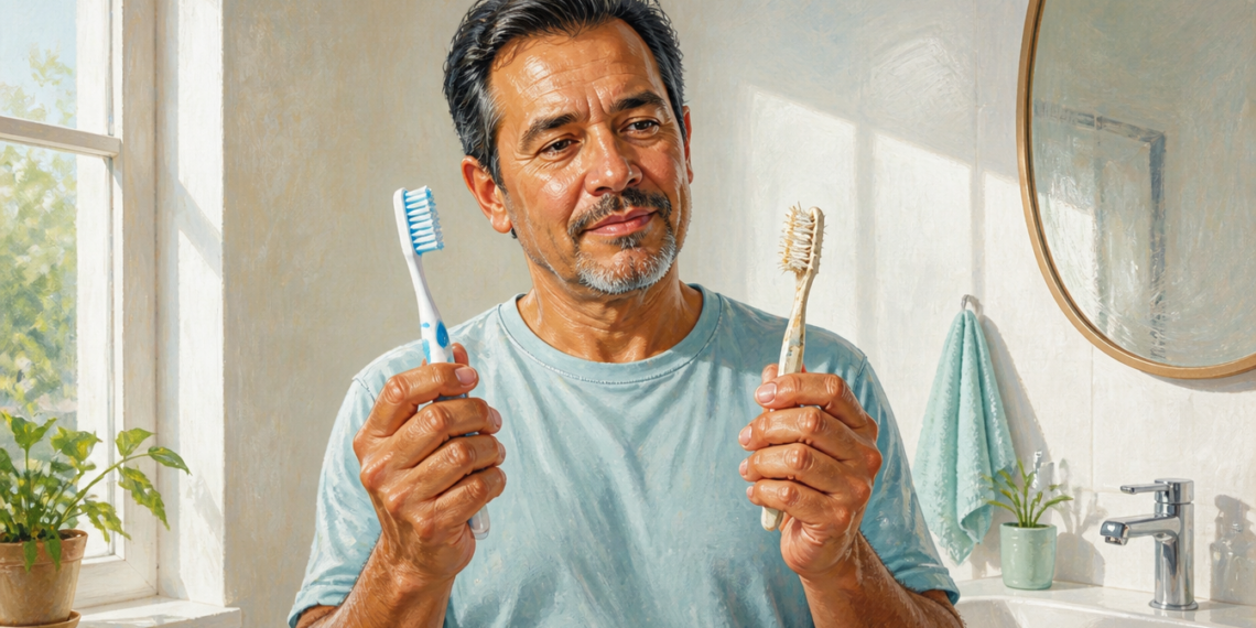 Un hombre de mediana edad se encuentra en un baño comparando dos cepillos de dientes; en una mano sostiene uno nuevo de color azul con cerdas firmes, y en la otra uno viejo con las cerdas desgastadas y descoloridas.