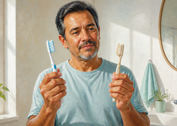 Un hombre de mediana edad se encuentra en un baño comparando dos cepillos de dientes; en una mano sostiene uno nuevo de color azul con cerdas firmes, y en la otra uno viejo con las cerdas desgastadas y descoloridas.