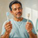 Un hombre de mediana edad se encuentra en un baño comparando dos cepillos de dientes; en una mano sostiene uno nuevo de color azul con cerdas firmes, y en la otra uno viejo con las cerdas desgastadas y descoloridas.