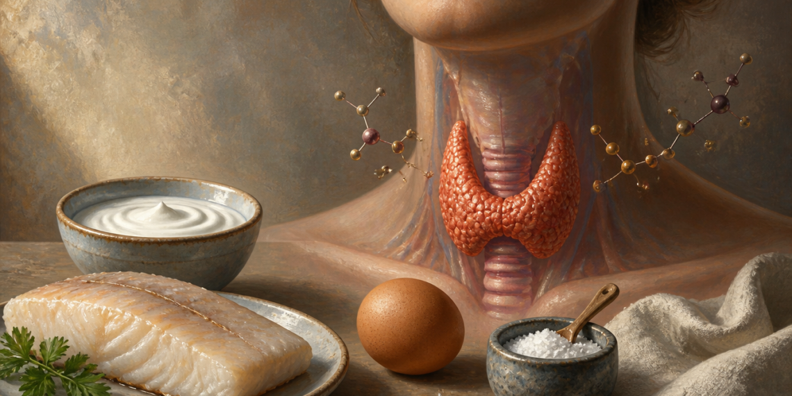 Ilustración de la glándula tiroides en el cuello junto a alimentos como pescado, huevo, lácteo y sal, fuentes alimentarias relacionadas con el yodo.
