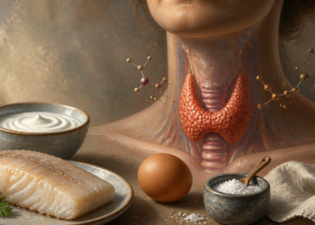 Ilustración de la glándula tiroides en el cuello junto a alimentos como pescado, huevo, lácteo y sal, fuentes alimentarias relacionadas con el yodo.