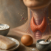 Ilustración de la glándula tiroides en el cuello junto a alimentos como pescado, huevo, lácteo y sal, fuentes alimentarias relacionadas con el yodo.