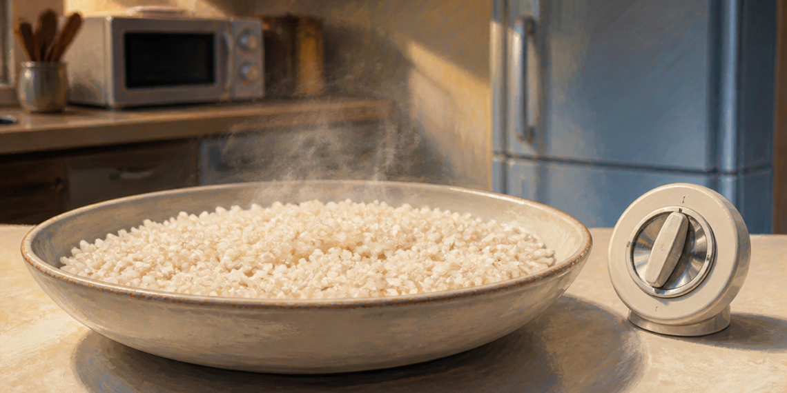 Plato grande con arroz cocido y vapor visible sobre una encimera de cocina, junto a un temporizador y un frigorífico.