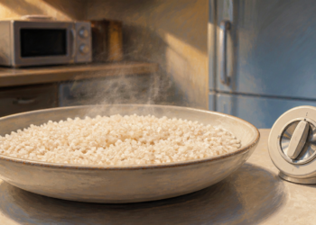 Plato grande con arroz cocido y vapor visible sobre una encimera de cocina, junto a un temporizador y un frigorífico.