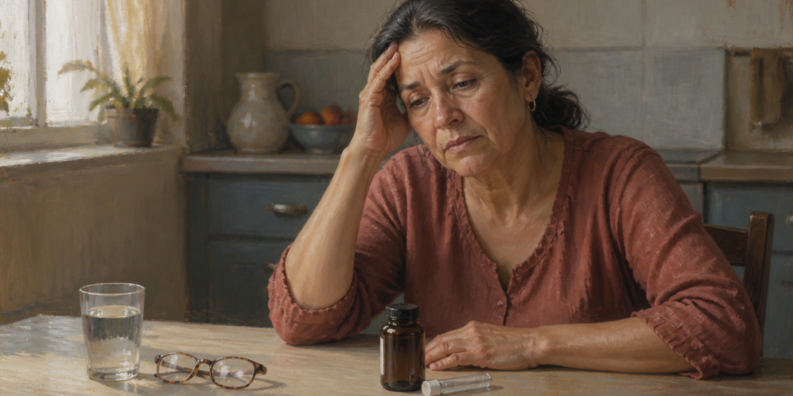 Mujer madura de rasgos hispanos con expresión de cansancio y preocupación, sentada a una mesa de cocina con la mano en la frente, junto a un vaso de agua, unas gafas y un frasco de medicamento.