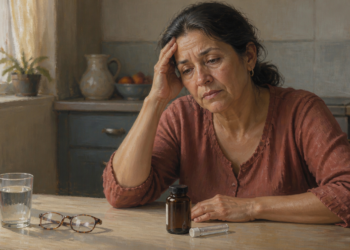 Mujer madura de rasgos hispanos con expresión de cansancio y preocupación, sentada a una mesa de cocina con la mano en la frente, junto a un vaso de agua, unas gafas y un frasco de medicamento.
