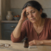Mujer madura de rasgos hispanos con expresión de cansancio y preocupación, sentada a una mesa de cocina con la mano en la frente, junto a un vaso de agua, unas gafas y un frasco de medicamento.