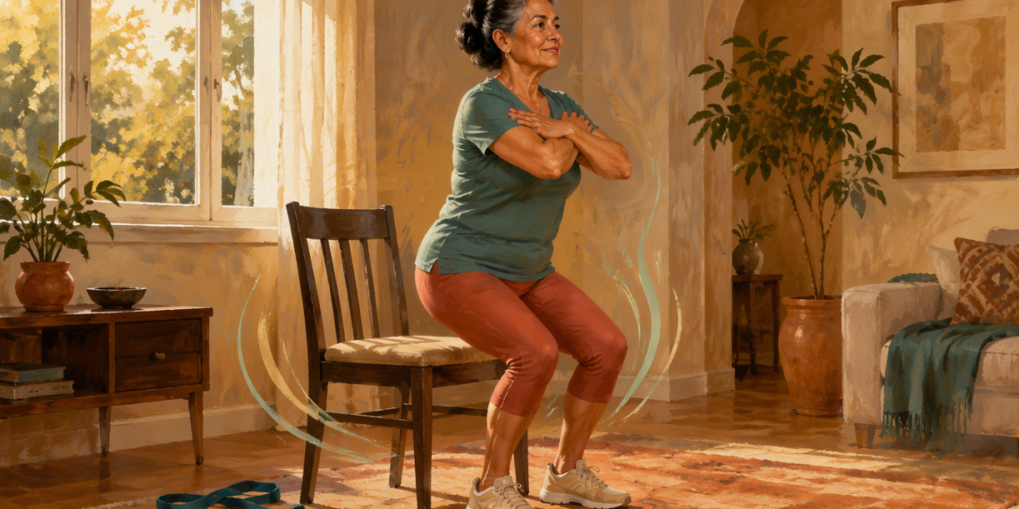 Mujer adulta realizando un ejercicio de sentadilla frente a una silla en casa, con los brazos cruzados sobre el pecho y una banda elástica en el suelo.