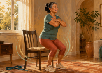 Mujer adulta realizando un ejercicio de sentadilla frente a una silla en casa, con los brazos cruzados sobre el pecho y una banda elástica en el suelo.