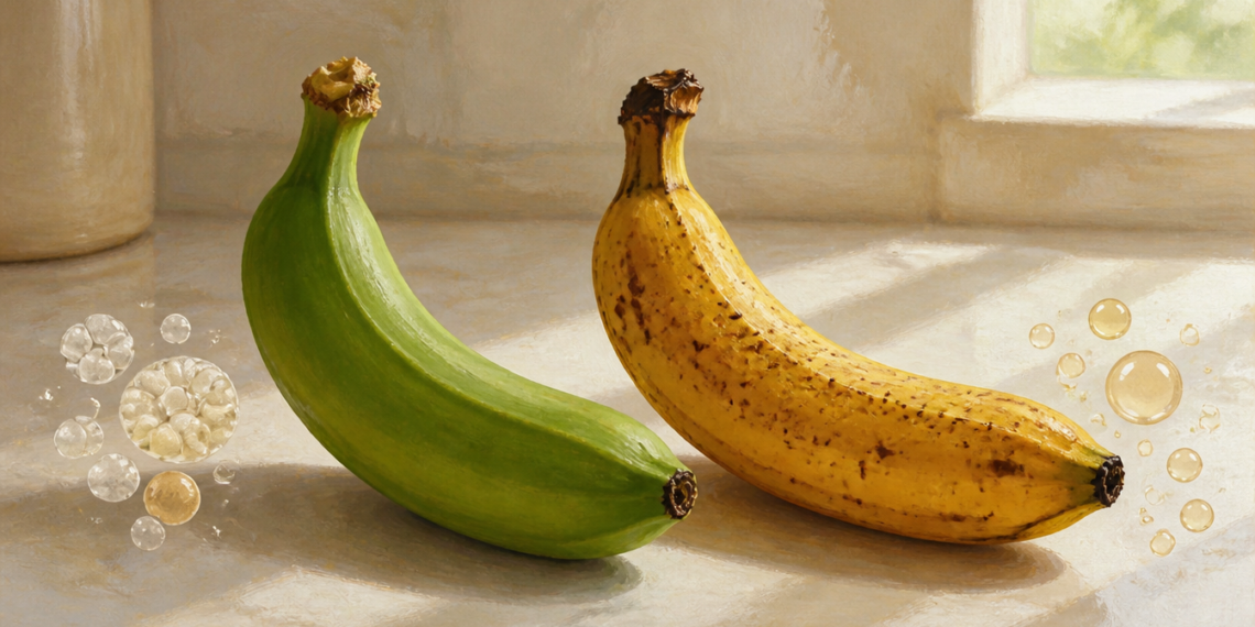 Plátano verde y plátano maduro colocados uno junto al otro sobre una superficie clara, mostrando la diferencia de color y grado de maduración.
