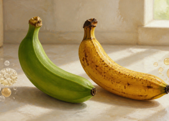 Plátano verde y plátano maduro colocados uno junto al otro sobre una superficie clara, mostrando la diferencia de color y grado de maduración.