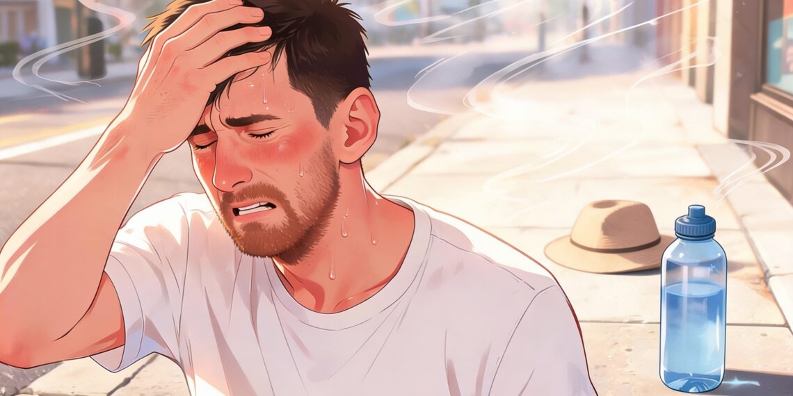 Un hombre afectado por el calor extremo se sujeta la frente con expresión de malestar mientras suda copiosamente en una calle soleada, ilustrando los síntomas de un golpe de calor.