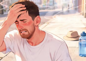 Un hombre afectado por el calor extremo se sujeta la frente con expresión de malestar mientras suda copiosamente en una calle soleada, ilustrando los síntomas de un golpe de calor.