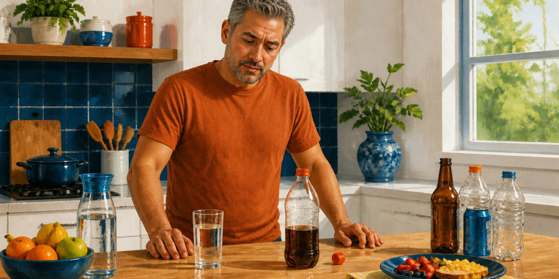 Hombre de mediana edad observa varias bebidas sobre una mesa, entre ellas agua, refresco oscuro y botellas, junto a frutas y un plato con comida.
