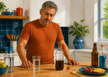 Hombre de mediana edad observa varias bebidas sobre una mesa, entre ellas agua, refresco oscuro y botellas, junto a frutas y un plato con comida.