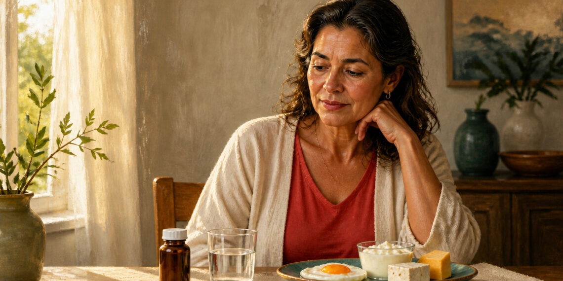 Mujer adulta sentada a la mesa frente a un plato con huevo y productos lácteos, junto a un vaso de agua y un frasco, en una escena relacionada con la vitamina B12 después de los 50.