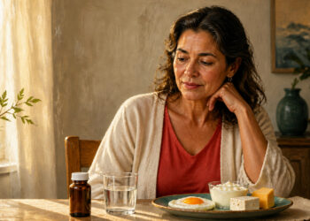 Mujer adulta sentada a la mesa frente a un plato con huevo y productos lácteos, junto a un vaso de agua y un frasco, en una escena relacionada con la vitamina B12 después de los 50.