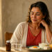 Mujer adulta sentada a la mesa frente a un plato con huevo y productos lácteos, junto a un vaso de agua y un frasco, en una escena relacionada con la vitamina B12 después de los 50.