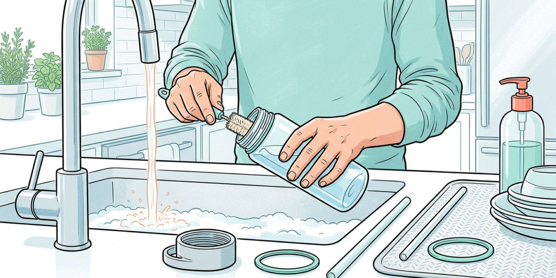 Persona limpiando minuciosamente una botella de agua reutilizable transparente con un cepillo especial en el fregadero de una cocina, junto a sus piezas desmontadas.