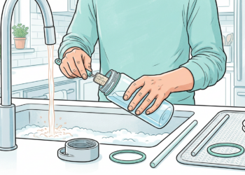 Persona limpiando minuciosamente una botella de agua reutilizable transparente con un cepillo especial en el fregadero de una cocina, junto a sus piezas desmontadas.