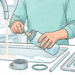 Persona limpiando minuciosamente una botella de agua reutilizable transparente con un cepillo especial en el fregadero de una cocina, junto a sus piezas desmontadas.