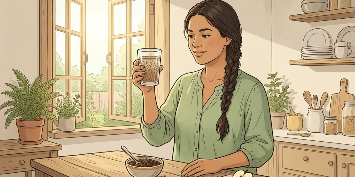 Ilustración de una mujer sosteniendo un vaso de agua con linaza en una cocina luminosa y natural.