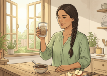 Ilustración de una mujer sosteniendo un vaso de agua con linaza en una cocina luminosa y natural.