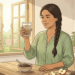 Ilustración de una mujer sosteniendo un vaso de agua con linaza en una cocina luminosa y natural.
