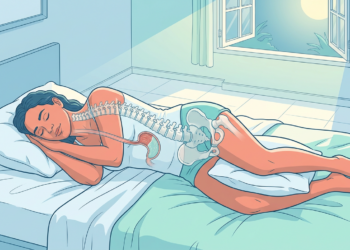 Ilustración de una mujer durmiendo de lado con una almohada entre las piernas y gráficos anatómicos que muestran la alineación de la columna y el estómago.