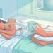 Ilustración de una mujer durmiendo de lado con una almohada entre las piernas y gráficos anatómicos que muestran la alineación de la columna y el estómago.