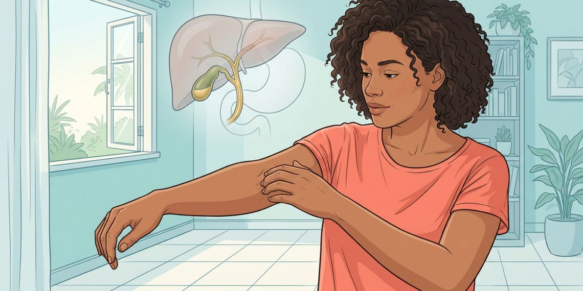 Ilustración de una mujer rascándose el brazo sin lesiones visibles, junto a un gráfico anatómico del hígado y la vesícula biliar.