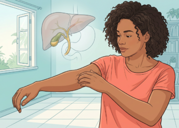 Ilustración de una mujer rascándose el brazo sin lesiones visibles, junto a un gráfico anatómico del hígado y la vesícula biliar.