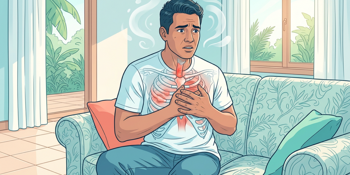 Ilustración de un hombre con expresión de angustia tocándose el pecho, con una superposición anatómica que muestra dolor en la zona del esófago.