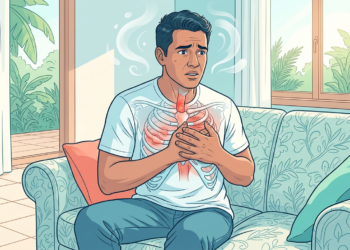Ilustración de un hombre con expresión de angustia tocándose el pecho, con una superposición anatómica que muestra dolor en la zona del esófago.