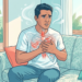 Ilustración de un hombre con expresión de angustia tocándose el pecho, con una superposición anatómica que muestra dolor en la zona del esófago.