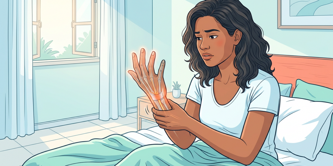 Ilustración de una mujer sentada en la cama sujetando su muñeca con dolor, acompañada de un gráfico anatómico que muestra inflamación en el túnel carpiano.