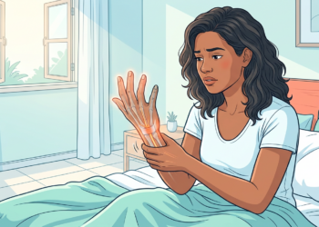 Ilustración de una mujer sentada en la cama sujetando su muñeca con dolor, acompañada de un gráfico anatómico que muestra inflamación en el túnel carpiano.