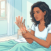 Ilustración de una mujer sentada en la cama sujetando su muñeca con dolor, acompañada de un gráfico anatómico que muestra inflamación en el túnel carpiano.