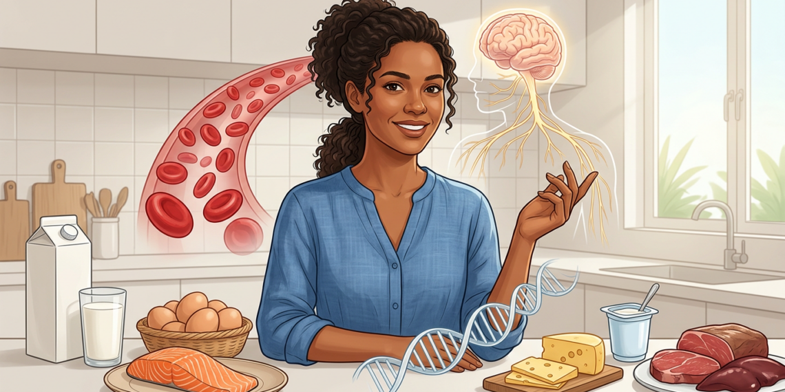 Ilustración de una mujer sonriente en una cocina rodeada de alimentos ricos en vitamina B12, acompañada de gráficos de glóbulos rojos, el sistema nervioso y el ADN.