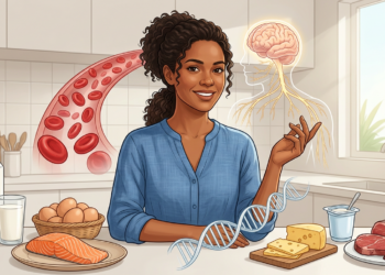 Ilustración de una mujer sonriente en una cocina rodeada de alimentos ricos en vitamina B12, acompañada de gráficos de glóbulos rojos, el sistema nervioso y el ADN.
