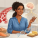 Ilustración de una mujer sonriente en una cocina rodeada de alimentos ricos en vitamina B12, acompañada de gráficos de glóbulos rojos, el sistema nervioso y el ADN.