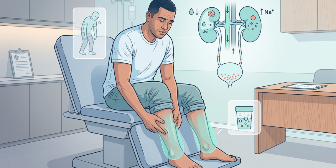 Ilustración médica de un hombre en una consulta revisando sus tobillos hinchados, acompañado de gráficos que muestran los riñones y otros síntomas asociados.
