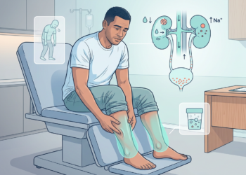 Ilustración médica de un hombre en una consulta revisando sus tobillos hinchados, acompañado de gráficos que muestran los riñones y otros síntomas asociados.