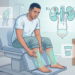 Ilustración médica de un hombre en una consulta revisando sus tobillos hinchados, acompañado de gráficos que muestran los riñones y otros síntomas asociados.