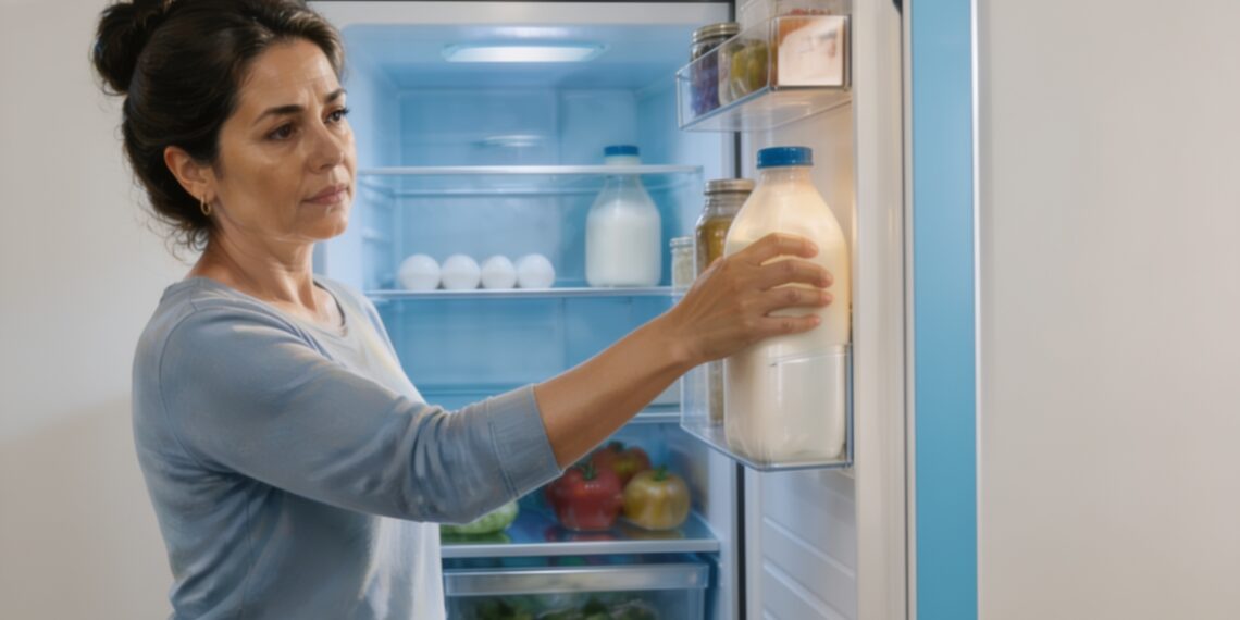 Una mujer madura observa el interior de una nevera abierta mientras sostiene una botella de leche ubicada en el estante de la puerta. En el interior se aprecian huevos, verduras y frascos organizados.