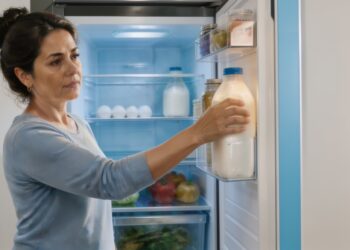 Una mujer madura observa el interior de una nevera abierta mientras sostiene una botella de leche ubicada en el estante de la puerta. En el interior se aprecian huevos, verduras y frascos organizados.