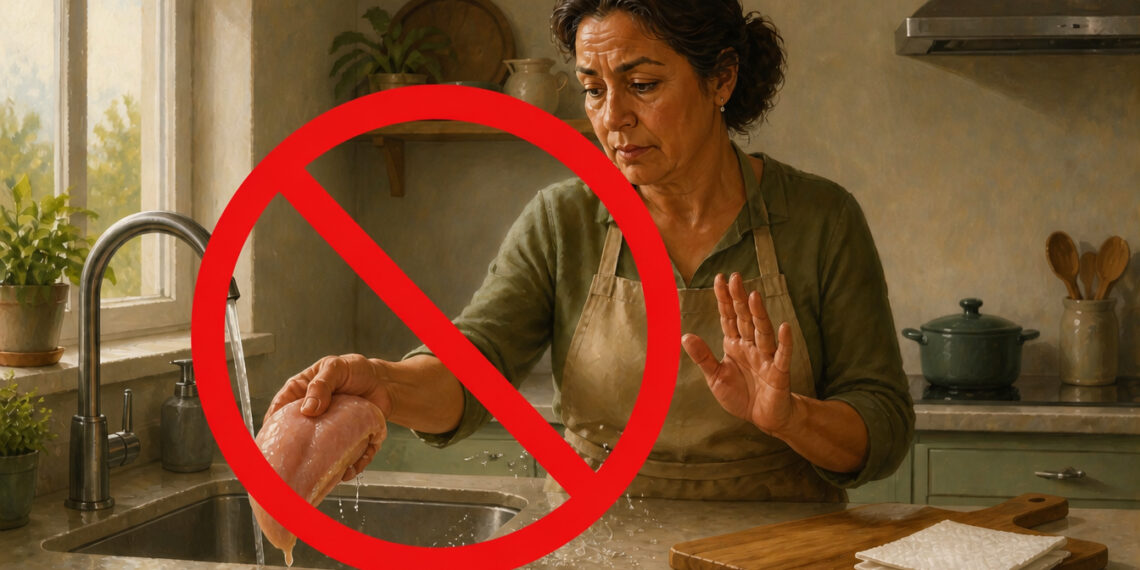 Mujer en una cocina sosteniendo una pechuga de pollo cruda junto al fregadero mientras un símbolo rojo de prohibición indica que no debe lavarse antes de cocinarla.